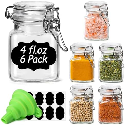 ComSaf Square Glass Spice Jars 4 oz 6 Pack with Labels and Funnel Set
