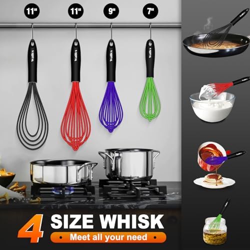Walfos Whisk,Whisks for Cooking Non Scratch.Silicone Whisk Set of 4 Kitchen Whisks-11in Flat and 7+9+11in Balloon .Nice for Mixing,Whisking and Stirring.Dishwasher Safe.(4pcs-Colorful)