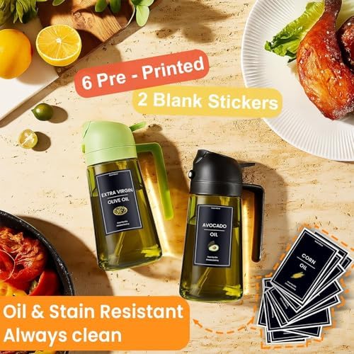 CXINYI - 16oz/470ml Olive Oil Dispenser for Kitchen with Stickers - 2 in 1 Olive Oil Sprayer for Cooking, Air Fryer, and Salad, Black (Light-Proof Kitchen Gadget)