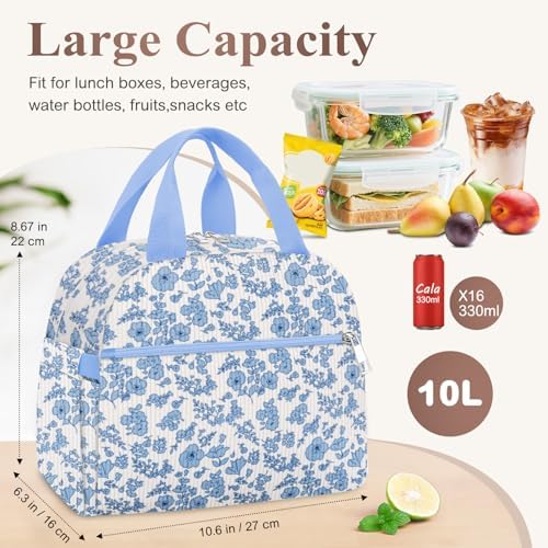 KUBYA Lunch Bag Lunch Box for Women, Cute Corduroy Insulated Reusable Work Leakproof Simple Adults Flower Large Lunch Boxes Tote Bag Men Cooler Bag