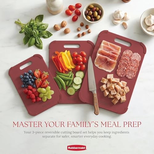 Rubbermaid 3pc Reversible Wheat Fiber Cutting Board Set | BPA Free Non Toxic Cutting Boards for Kitchen – Dishwasher Safe, Non-Slip Corners & Lightweight | For Meat, Veggies & Fruits