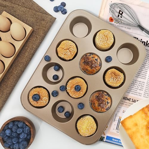 Satax Muffin Pan for Baking, Nonstick Cupcake Tin 12 Cup,sets of 2,Heavy Duty Steel Muffin Pan (Gold, 12-cup)