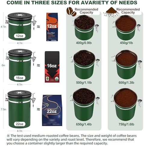 ShanSon Coffee Canister Airtight, Stainless Steel Bean Storage Container with Date Tracker & Scoop, Grounds Sugar Flour Tea Cereal Fits Kitchen Pantry, Ideal Gift for Coffee Lovers,12oz, Dark Green
