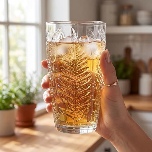 Clear Drinking Glasses Set of 4, 16 oz Glass Cups, Vintage Fern Glassware
