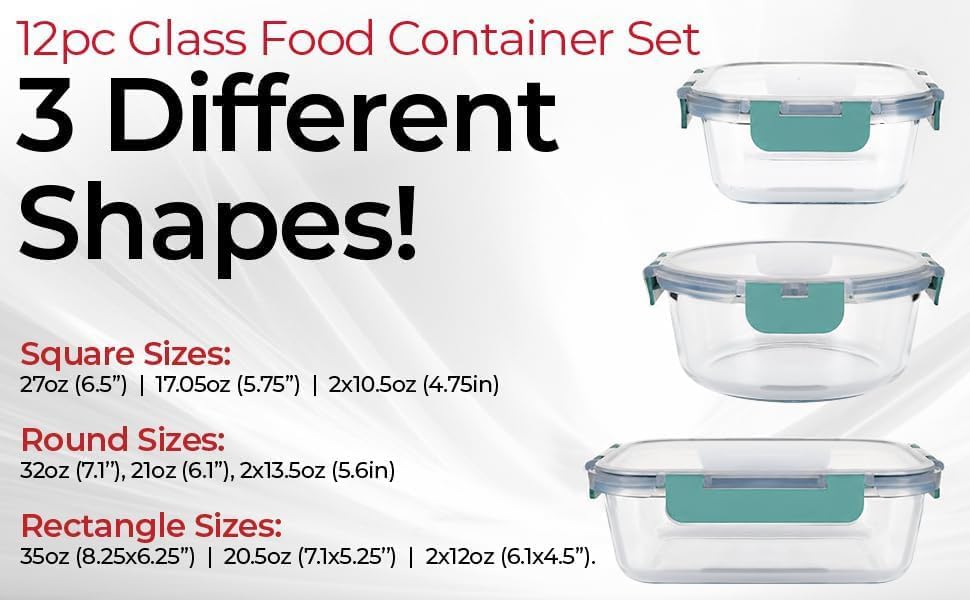 Magic Mill Premium Borosilicate Glass Food Storage Containers with lids Set | 24pc Sets with 12 Bowls & 12 Airtight Locking Lids for Lunch & Meal Prep, Safe for Oven, Freezer, Dishwasher, BPA-Free