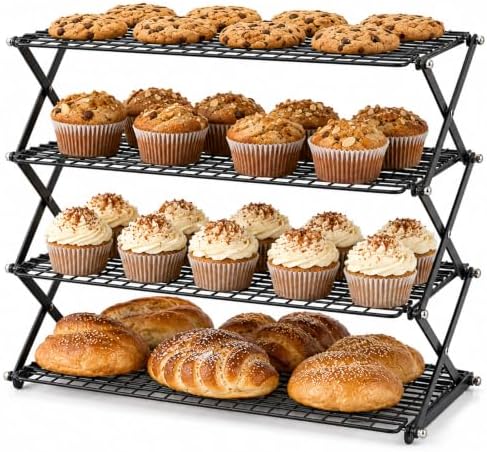 4-Tier Collapsible Cooling Rack with Adjustable 3 Setting Design Stackable Drying Wire Cooling Rack for Cooking and Baking, Roasting ＆ Grilling Gifts for Picnic Party, 2/3/4-Tier Upgraded