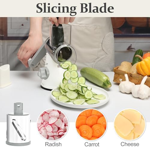 Cambom Rotary Cheese Grater Hand Crank Cheese Shredder for Fresh Cheese, Vegetable, Nuts,Non-slip Suction Base, Five Blades, White