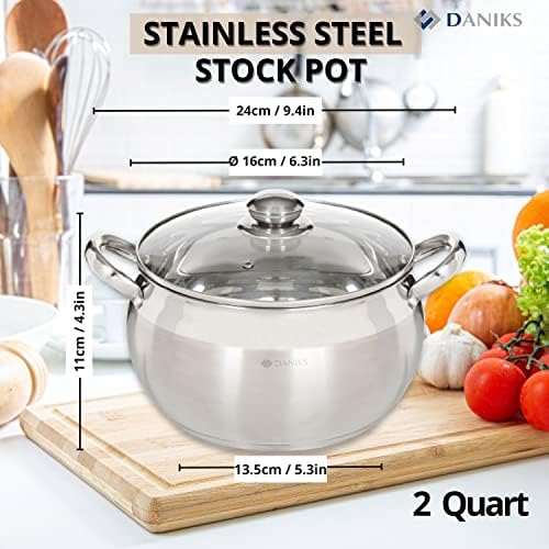 Daniks Classic 2 Quart Stainless Steel Stock Pot with Glass Lid, Tri-Ply Bottom for Even Heating, Induction Compatible, Dishwasher Safe