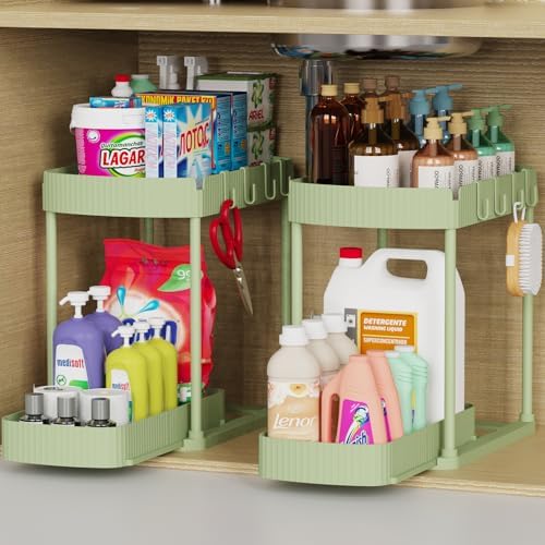 2 Packs Under Sink Pull-Out Storage Organizers, 12.8 Inches, Green