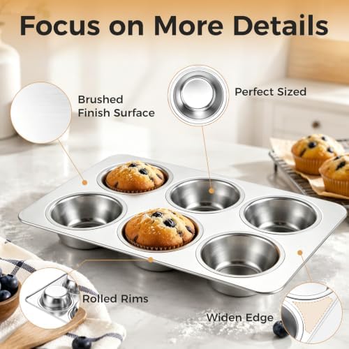 Onader Stainless Steel Muffin Pan, 6 Cup Cupcake Pan for Baking, 2 Pieces