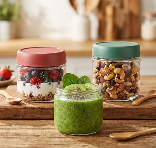 3Pack Overnight Oats Containers with Lids,10oz Glass Jar with Scew Lid,Salad Dressing Fruit Veggies Sauce Snacks Meal Prep Food Containers,Spice Jars,Wide Mouth Storage Containers