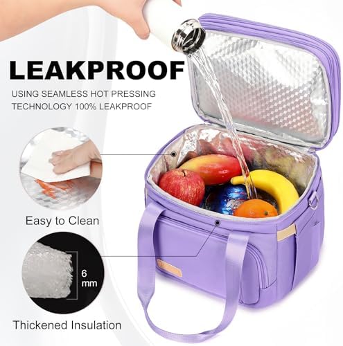 MAPLELILY Lunch Box for Men Women - Double Deck Insulated Lunch Bag, Large Leak Proof Tote Cooler, Wide Open Dual Compartment Lunch Bags with Shoulder Strap, For Work Picnic Hiking Beach, Purple