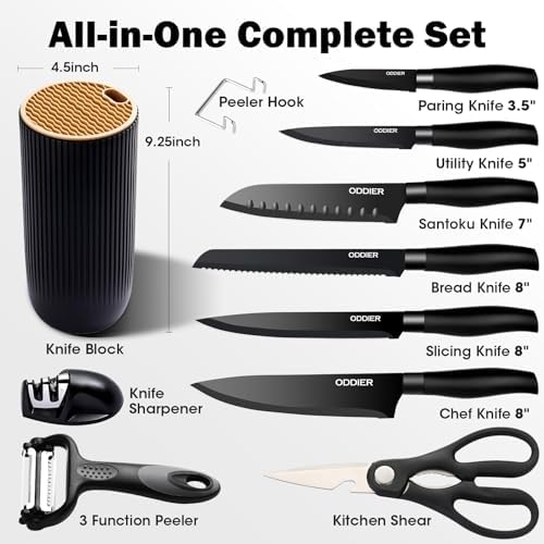 Knife Set, 10 Piece Kitchen Knife Set with Block and Sharpener, Anti-Rust Stainless Steel Knives Set for Kitchen, Chef Universal Knife Block Set, Dishwasher Safe, Ergonomical Design, Black