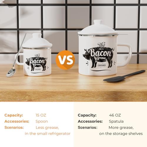 Bacon Grease Container with Strainer-15OZ Enamel Saver, Dishwasher Safe