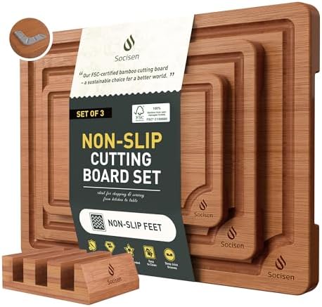 3 Packs Bamboo Cutting Board Set with Non Slip Feet Holder and Over Sink Nice Solid Thick Wood Juice Groove Chopping Board Extra Large Big Small Best Hardwood Kitchen Organic Vegetable Meat BBQ Kit