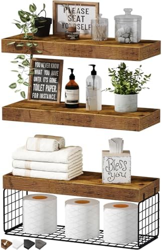 QEEIG Bathroom Shelves Over Toilet Wall Mounted (Brown, Set of 3, 15.7")