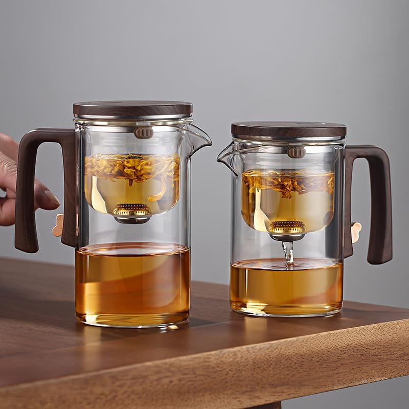 Enchantipot MagicTeaPot,Water Separation Glass Teapot with Wooden Handle, Enchantipot Magic Pot, Press Control Magic Tea Pot, For Loose Tea Witchcraft Teapot (900ML)