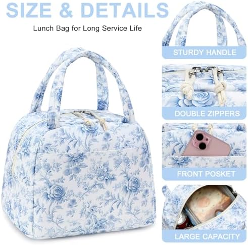 Bluboon Lunch Box for Women Cute Lunch Bag Reusable Insulated Lunch Bags Large Capacity Lunchbox Cooler for Work Picnic or Travel Gifts (Blue Roses Floral, 10 x 7.5 x 8 inches)