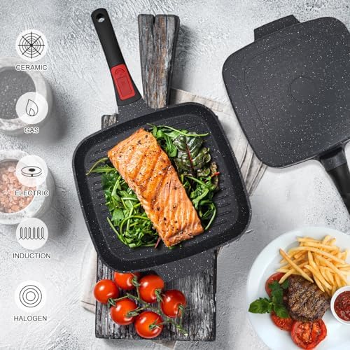 RANX INGST Griddle Pan with Detachable Handle, 10 Inch Cast Aluminium Non Stick Steak Pan for Induction Hob, Black