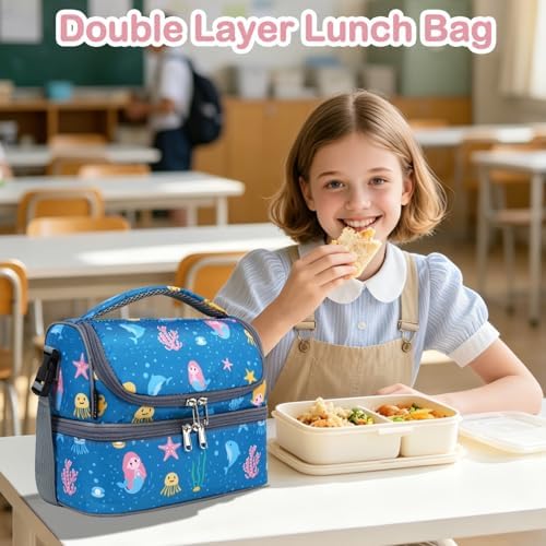 FlowFly Double Decker Cooler Insulated Lunch Bag Large Tote for Boys, Girls, Men, Women, With Adjustable Strap (Blue-Mermaid)