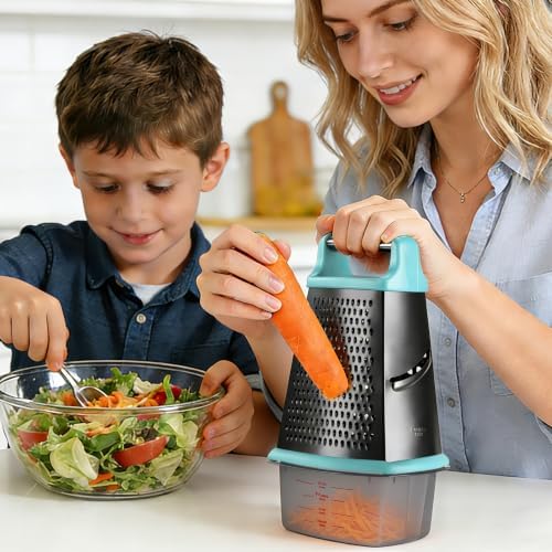 Ourokhome Cheese Grater with Handle, Stainless Steel Box Grater, 4 Side Kitchen Vegetable Shredder Slicer Zester with Container for Parmesan, Cabbage, Ginger, Lemon, Chocolate, Coconut (Teal black)