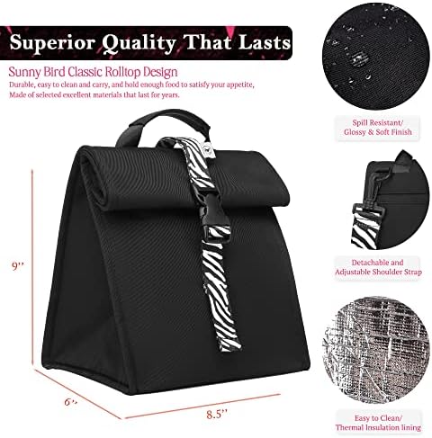 SUNNY BIRD Insulated Lunch Bag Rolltop Lunch Box (Black with white strap)