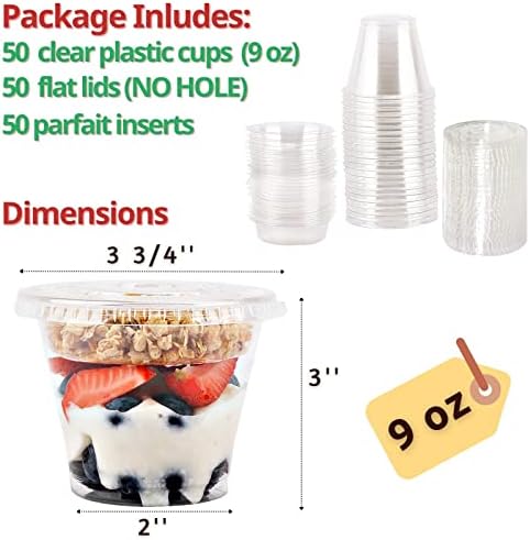 Aatriet 9 oz Clear Plastic Parfait Cups with Insert & Flat Lids No Hole - (50 Sets) Yogurt Fruit Parfait Cups for Kids, for Dips and Veggies, Take Away Breakfast and Snacks. No Leaking