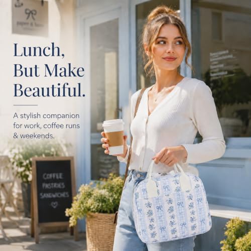LOVELYWIND Lunch Box for Women, Insulated Lunch Bag, Blue Floral Tote
