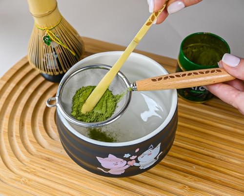 Aprika Life Matcha Whisk Set 6 Pcs - Ceramic Matcha Bowl, Bamboo Whisk, Matcha Whisk Holder, Scoop, Sifter & Tea Cloth - Traditional Handmade Matcha Set - Unfurl Black with Cat print