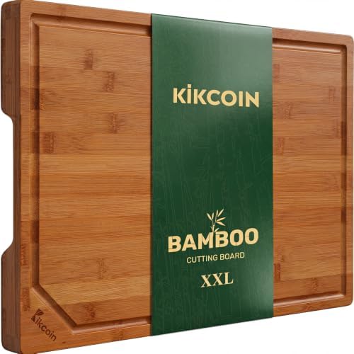 Kikcoin 20”×14” Deep-Carbonized Bamboo Cutting Boards for Kitchen, Healthy Wooden Cutting Boards for Kitchen, Charcuterie, Vegetables, Extra Large Chopping Boards with Deep Juice Groove and Handle