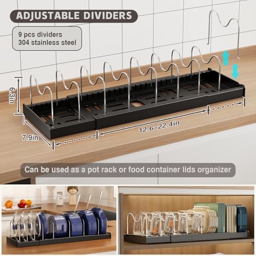 Magheo Expandable Food Storage Container Lid Organizers, 22" Pots and Pans Organizer Under Cabinet with 9 Adjustable Dividers Pot and Pan Lid Holders Rack Inside Cabinet(Black,1 Pack)