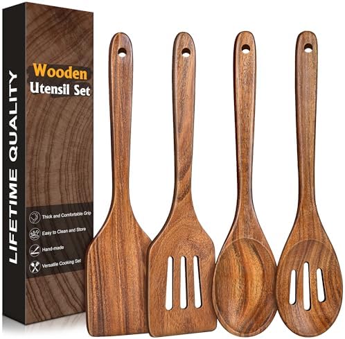 4Pcs Wooden Spatula for Cooking, Acacia Wooden Spatula for Kitchen Use, Nonstick Cookware Safe Utensils Set for Cooking, Mixing, Serving, Draining, Ideal Cooking Utensils Gift