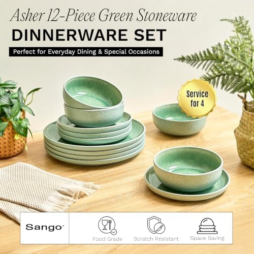 Sango Asher 12-Piece Stoneware Dinnerware Set for 4, Green Ceramic Plates and Bowls Sets, Modern Dish Set with Reactive Glaze, Durable Kitchen Dishes for Casual Dining, Microwave & Dishwasher Safe