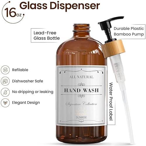 Sunrise Premium Amber Glass Soap Dispenser, Bamboo Pump with Tray, 2 Pack