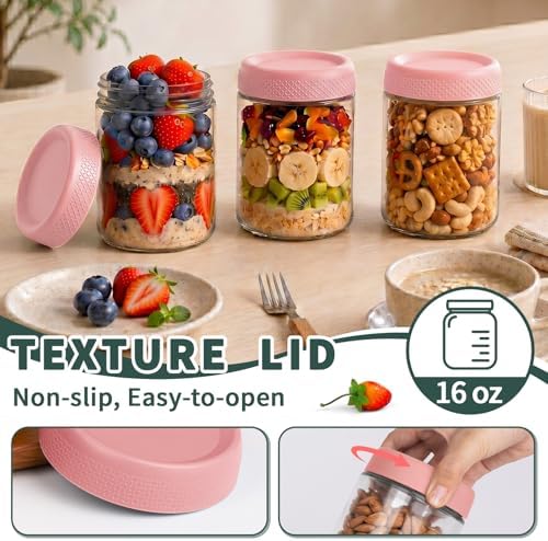 16oz Overnight Oats Containers with Lids, Pink Yogurt Containers with Lids