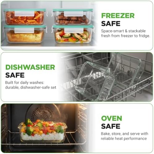 NutriChef 10 Piece Glass Food Storage Containers with Lids – 30 oz Meal Prep Containers Reusable Glass – Airtight Lunch Containers for Food Storage – Freezer to Oven Safe - Green