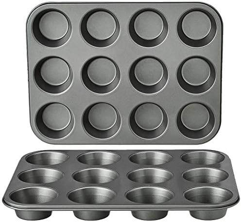 Amazon Basics Nonstick Muffin Pan, Set of 2, Sturdy, Oven Safe, Bakes Evenly, Easy to Clean, 12 Cups, Gray, 13.9x10.55x1.22"