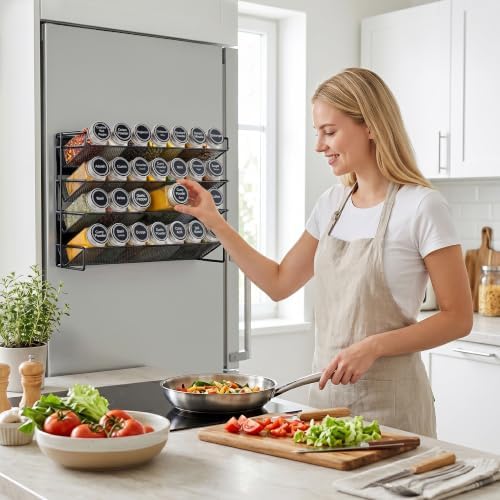 UVIAHOMI Spice Rack Organizer for Cabinet with 28 Spice Jars, 386 Spice Labels, Magnetic Spice Rack for Refrigerator, Seasoning Organizer for Countertop, Kitchen, Pantry, 13.2" W x 9.8" H, Black