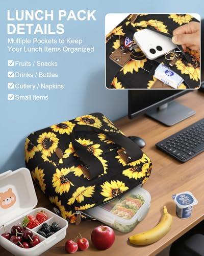 Capolo Lunch Bag for Women,Large Insulated Lunchbox Tote Reusable,L-Flower