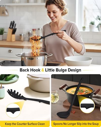 BUNDLEPRO Silicone Soup Ladle and Pasta Spoon Set, One-Piece, 2 Pack, Black