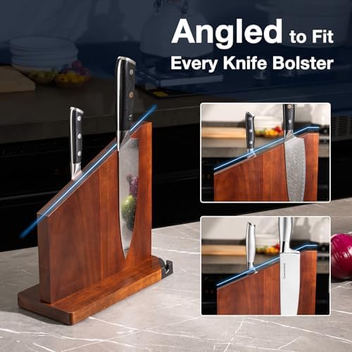 Gourmetop Magnetic Knife Block with Sharpener, Double Sided, Dark Acacia