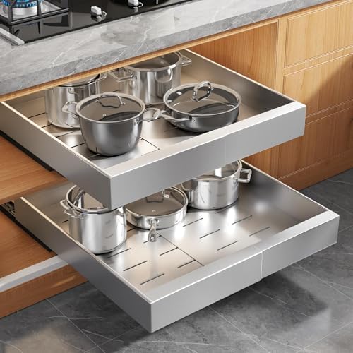 Seinloes 2 Pack Expandable Pull Out Cabinet Organizer 21"Deep With Raising Pad for Framed Cabinets,Upgrade 3 Slide Rails Slide Out Drawers,Roll Out Shelves Adhesive,Adjustable Width 12.05"-20.4"Silver