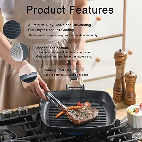 S·KITCHN Grill Pan with Folding Handle, Nonstick Grilling Pan for Stove Tops, Induction Compatible Square BBQ Pan with Pour Spouts - 11 in