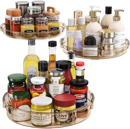 LAMU 3 Pack Lazy Susan Organizer Turntable for Cabinet, Condiment Organizer for Kitchen Pantry Organizers and Storage, Table Top, Fridge, Countertop, Spice Organization, 12'' 10.6'' 9.25'', Amber