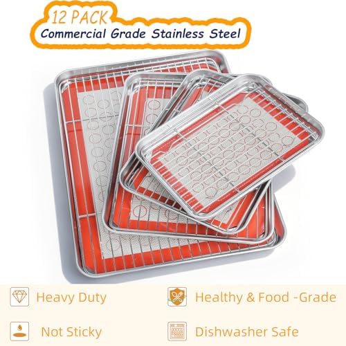 Baking Sheet Pan Set of 12, CEKEE Stainless Steel Cookie Sheets for Baking with Cooling Rack Silicone Baking Mat, Small/Quarter/Jelly Roll Pan, 9/10/12/16 Inch, Heavy Duty & Non Toxic & Easy Clean