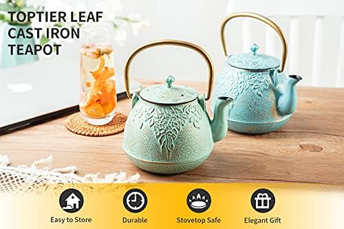 Tea Kettle, TOPTIER Japanese Cast Iron Teapot with Infuser for Loose Leaf and Tea Bags, Stovetop Safe Cast Iron Tea Kettle Coated with Enameled Interior for 40 oz (1200 ml), Light Green