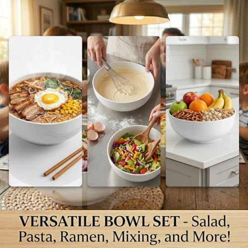 DELLING 60 Oz Large Serving Bowls Set of 3, 8 Inch White Ceramic Mixing Bowls - Soup Salad Pasta Ramen Bowls for Kitchen, Microwave Dishwasher Safe, Porcelain