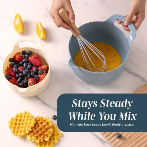 COOK WITH COLOR Nesting Plastic Mixing Bowl Set with Pour Spouts and Handles, Blue, 4 Piece Non-Slip