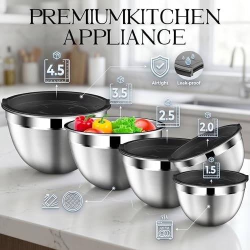 DUTZUN Mixing Bowls with Lids Set of 5, 1.5/2/2.5/3.5/4.5 Qt