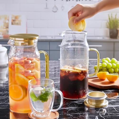 Bivvclaz 2 Liter 68 oz Gold Glass Pitcher with Lid and Handle, Glass Carafe for Hot/Cold Water, Large Iced Tea Pitcher for Coffee, Juice and Homemade Beverage